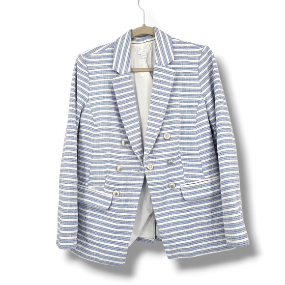 J Jill Women's Blazer Striped Blue White Double Breasted Cotton Blend Jacket - Picture 1 of 11